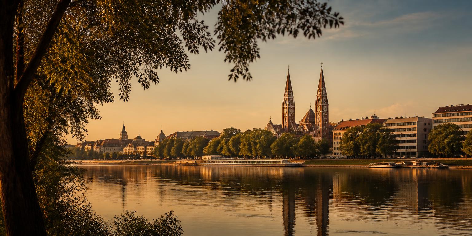 Szeged látképe a Tisza partjáról naplementében